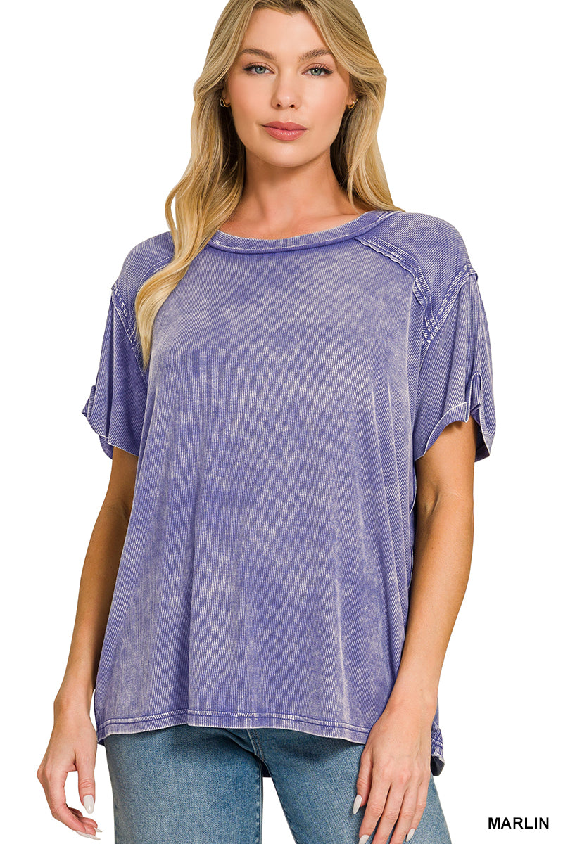 Zenana WASHED RIBBED SHORT SLEEVE BOAT-NECK TOP MARLIN BLUE