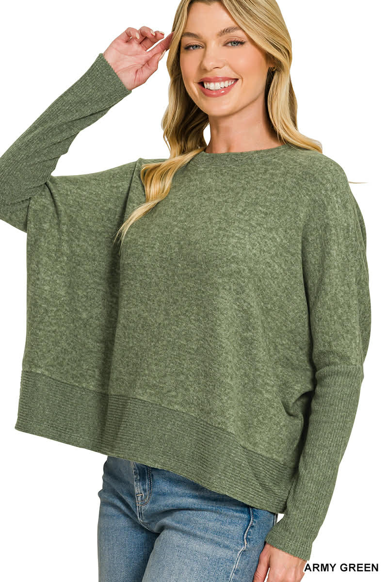 Zenana DOORBUSTER Brushed Mélange Hacci Dolman Sleeve Sweater Army Green