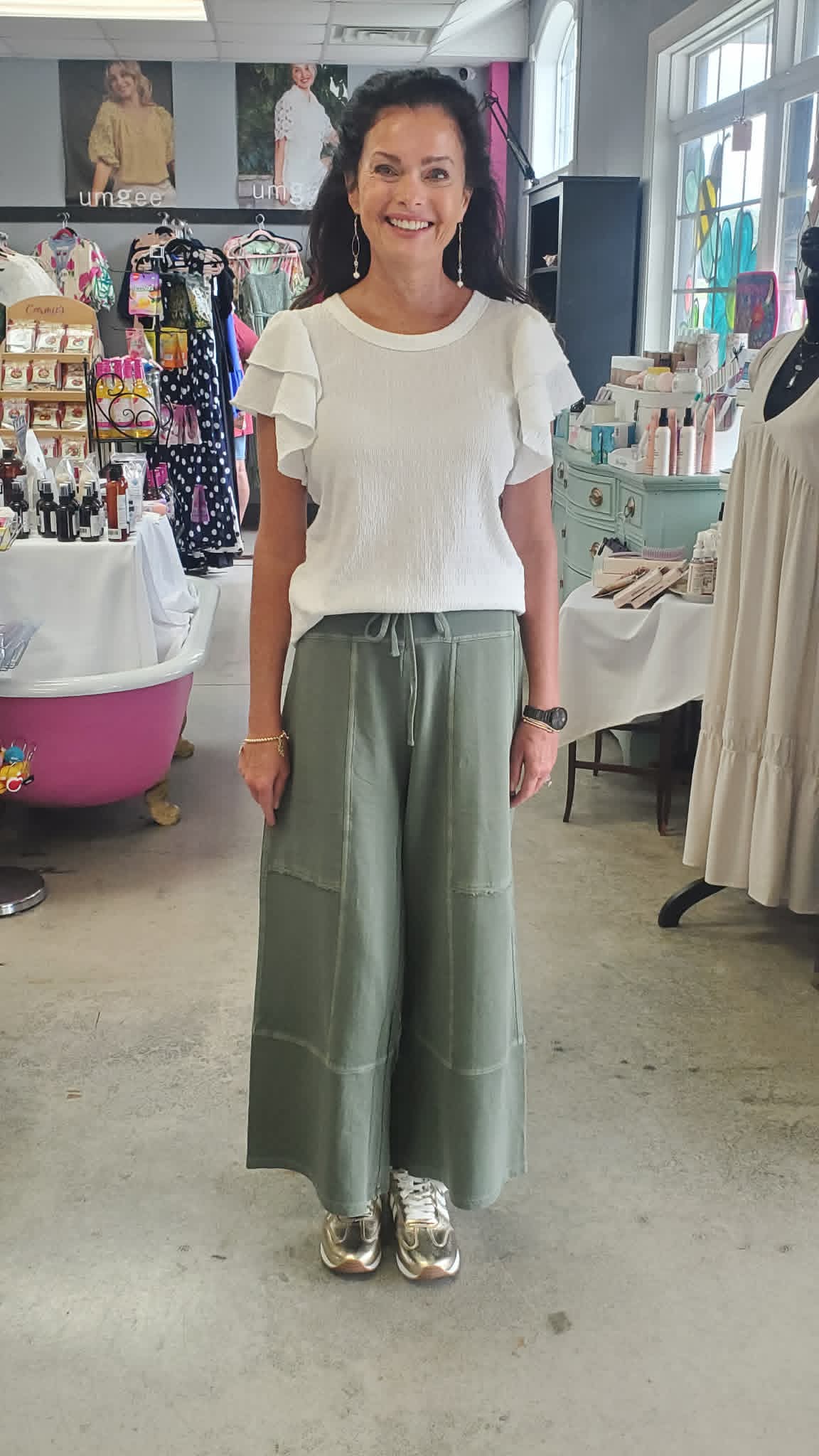 French terry washed exposed-seam wide leg pants Army Green