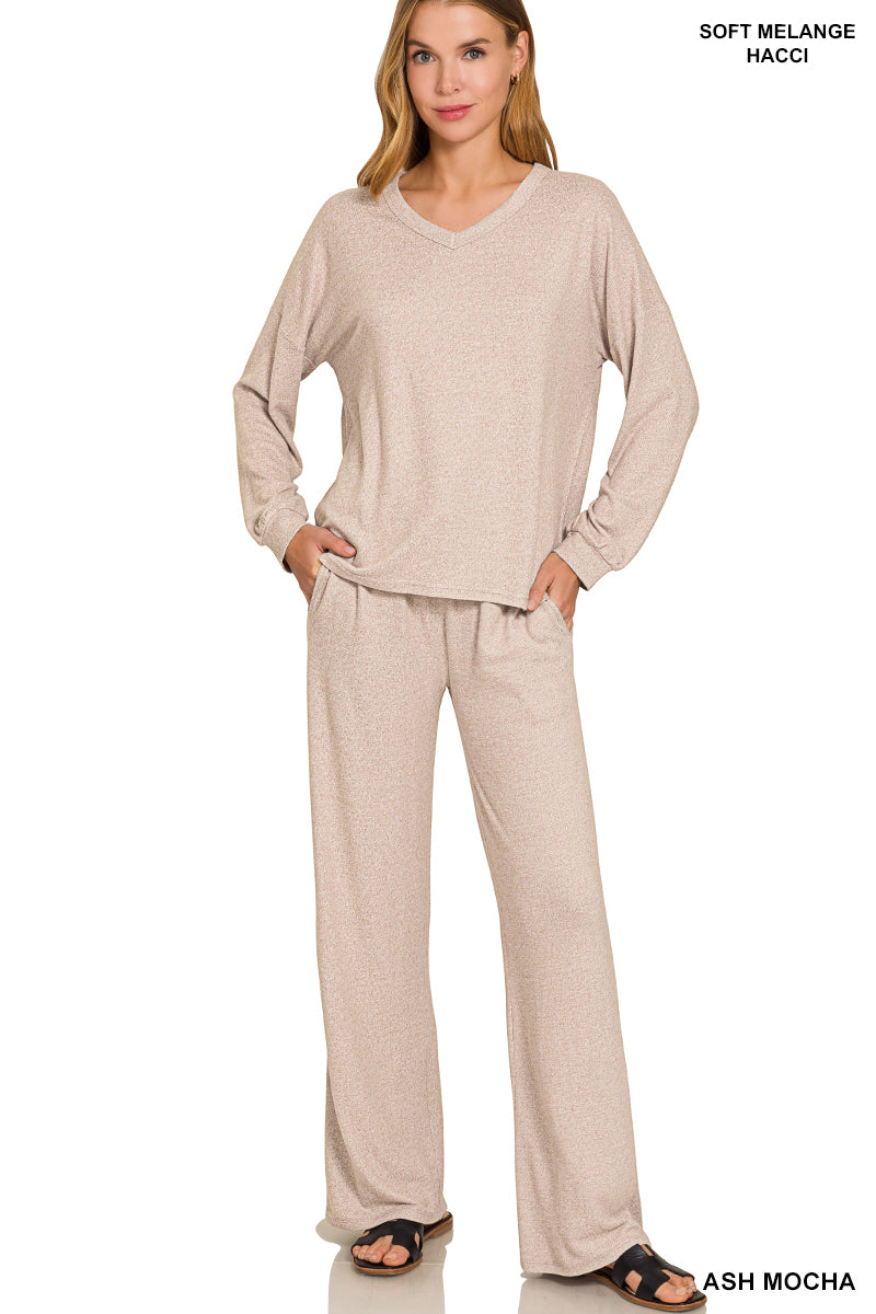 Zenana Soft Mélange Long Sleeve Tee & Pants set Ash Mocha
