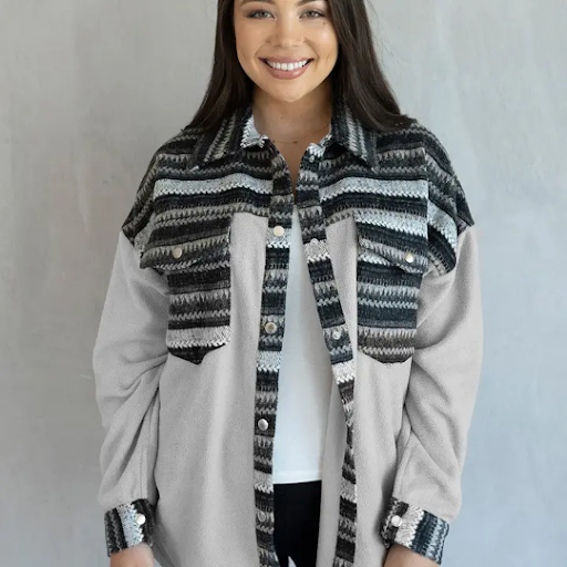 Flo Print Trim Shacket w/ Front Pockets Fair Isle Gray