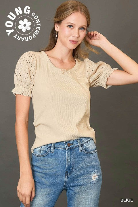Umgee short Sleeve Top with Eyelet Lace Sleeves