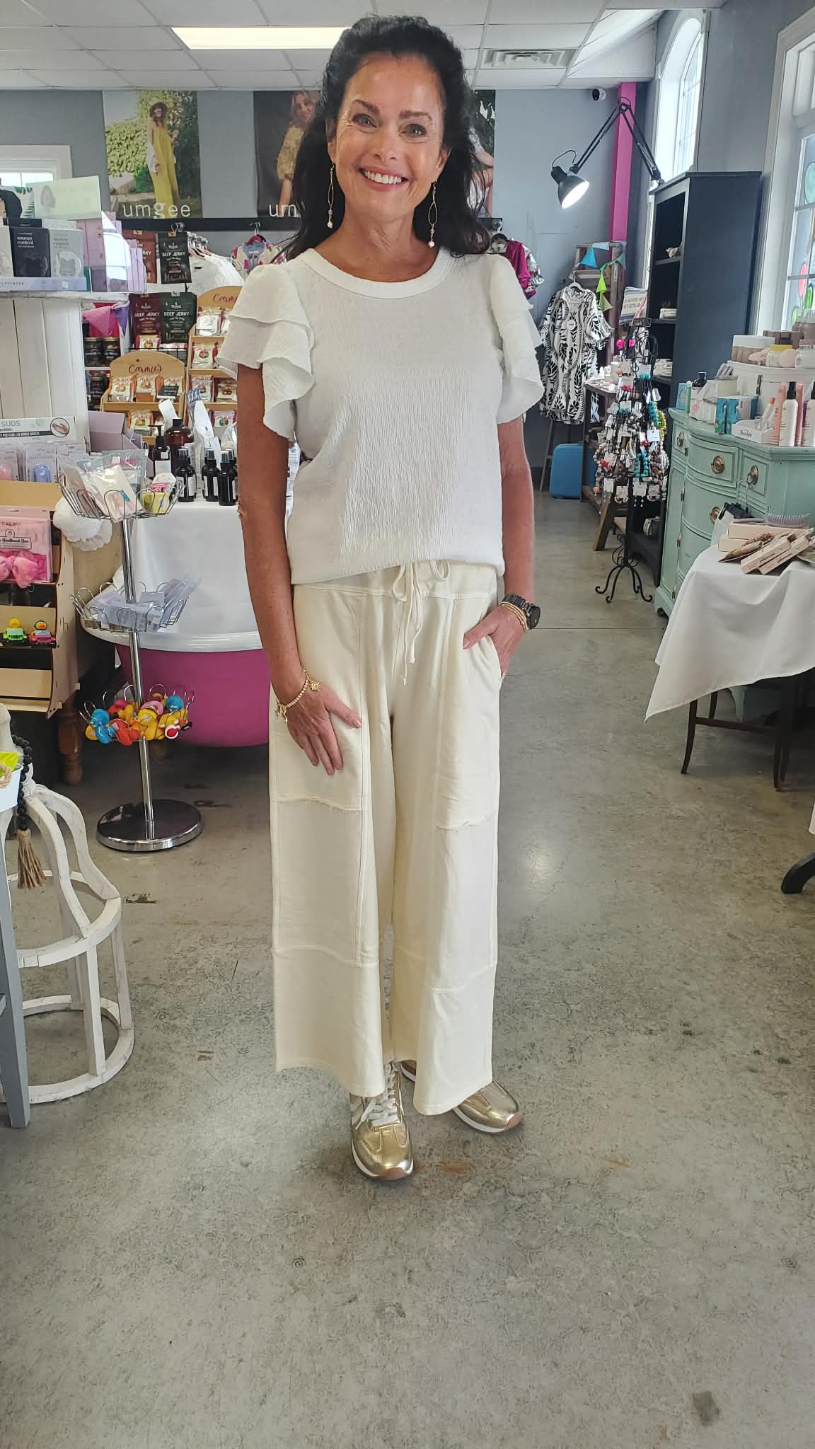 French terry washed exposed-seam wide leg pants Light Beige