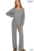 Zenana Soft Mélange Long Sleeve Tee & Pants set Black