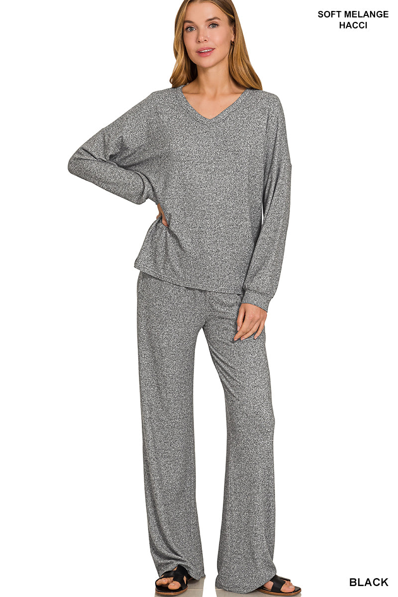 Zenana Soft Mélange Long Sleeve Tee & Pants set Black