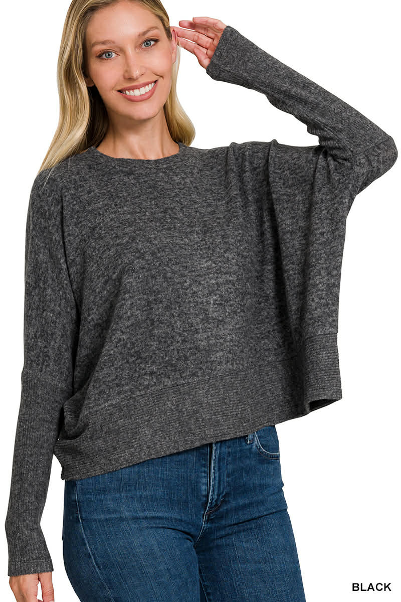 Zenana DOORBUSTER Brushed Mélange Hacci Dolman Sleeve Sweater Black