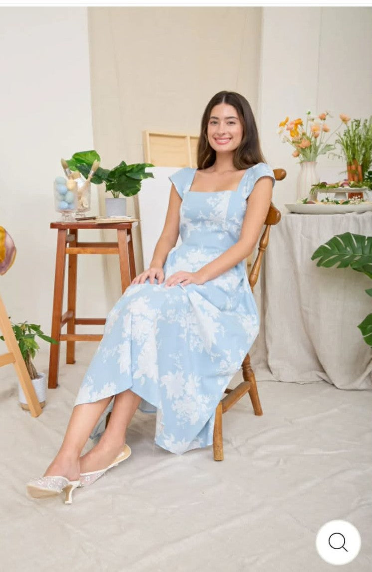 Floral Square Neck Bell Sleeve Midi Dress