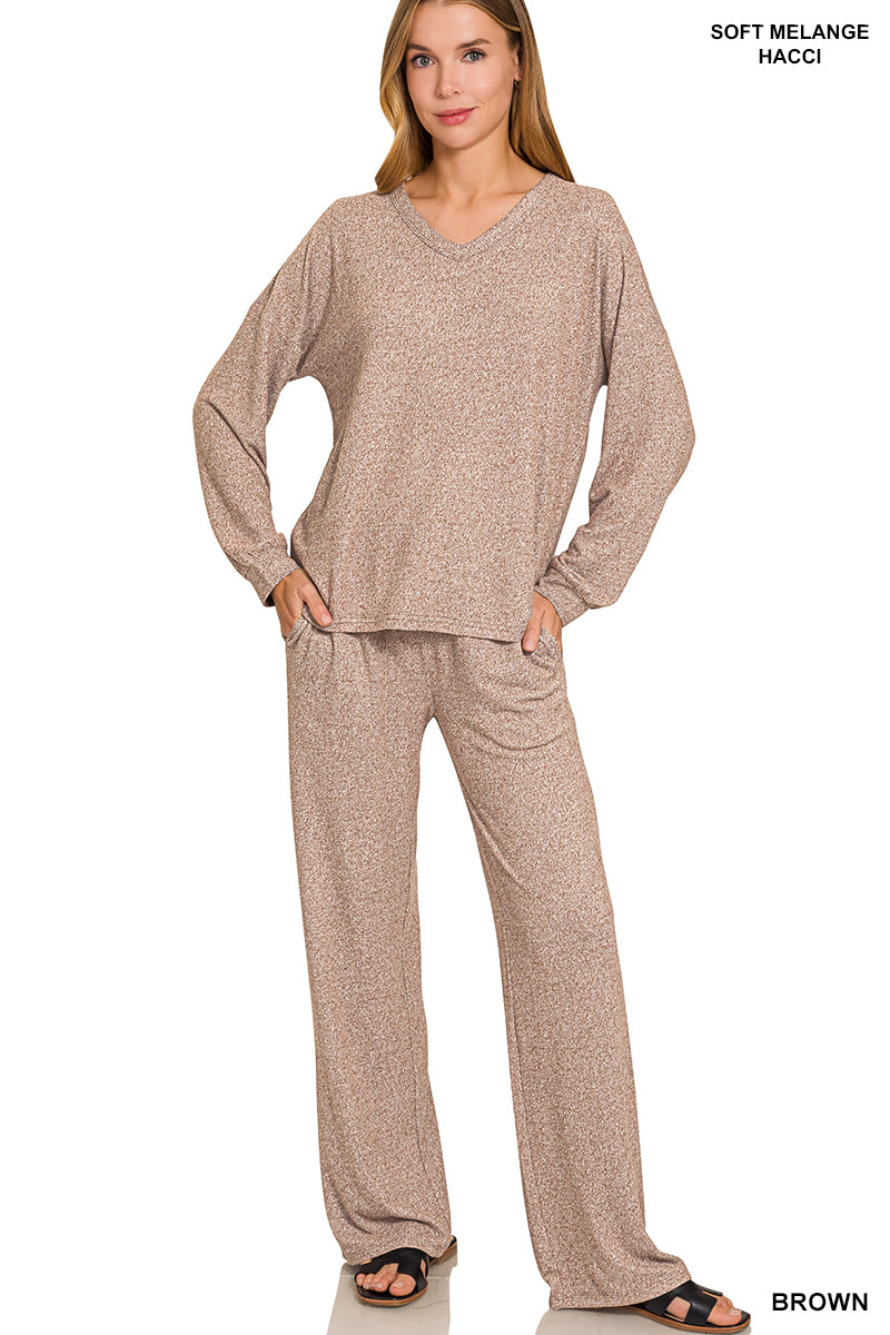 Zenana Soft Mélange Long Sleeve Tee & Pants set Brown