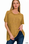 Zenana WASHED RIBBED SHORT SLEEVE BOAT-NECK TOP CAMEL