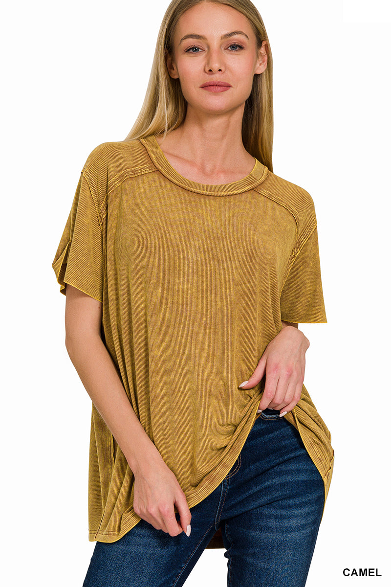 Zenana WASHED RIBBED SHORT SLEEVE BOAT-NECK TOP CAMEL