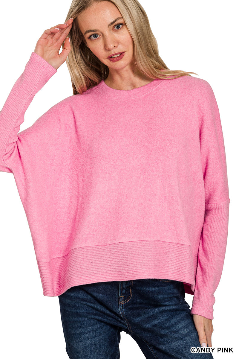 Zenana DOORBUSTER Brushed Mélange Hacci Dolman Sleeve Sweater Candy Pink