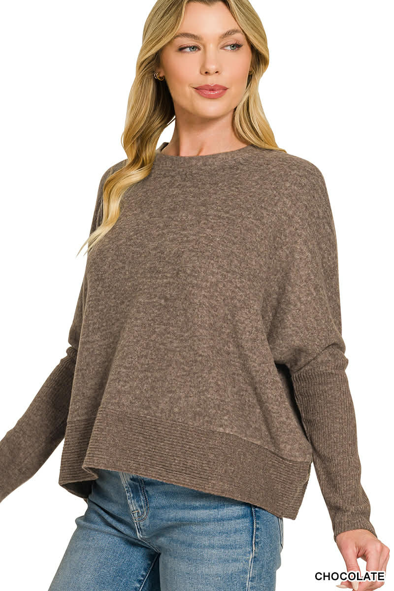 Zenana DOORBUSTER Brushed Mélange Hacci Dolman Sleeve Sweater Chocolate