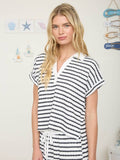 Textured Stripe Collared Short Sleeve Knit Top Black