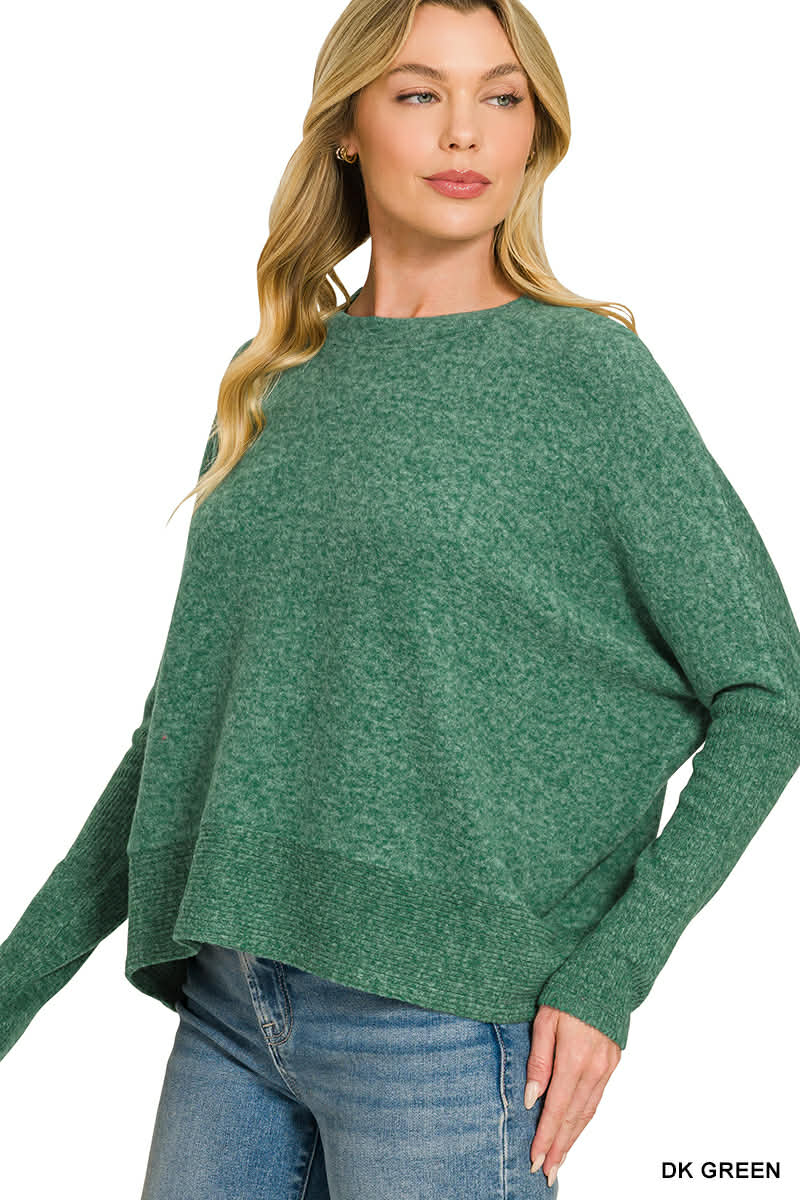 Zenana DOORBUSTER Brushed Mélange Hacci Dolman Sleeve Sweater Dark Green