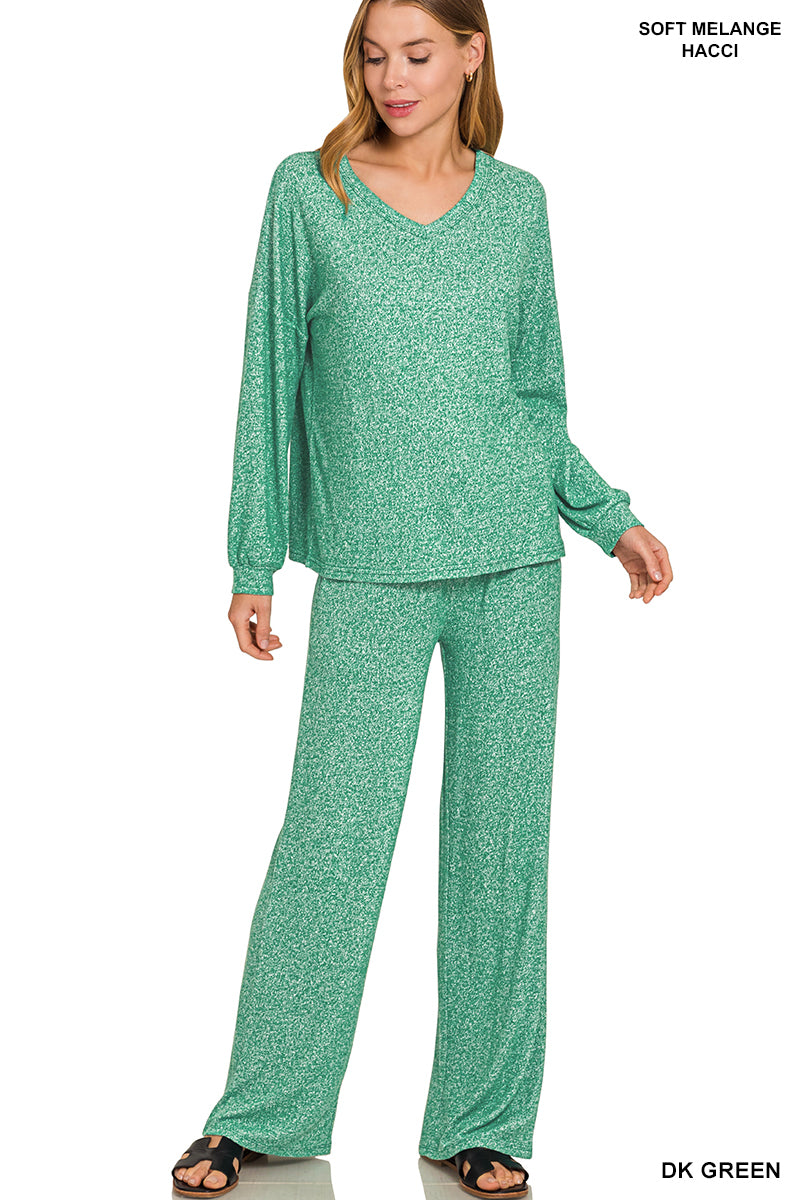 Zenana Soft Mélange Long Sleeve Tee & Pants set Dark Green