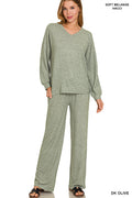 Zenana Soft Mélange Long Sleeve Tee & Pants set Dark Olive