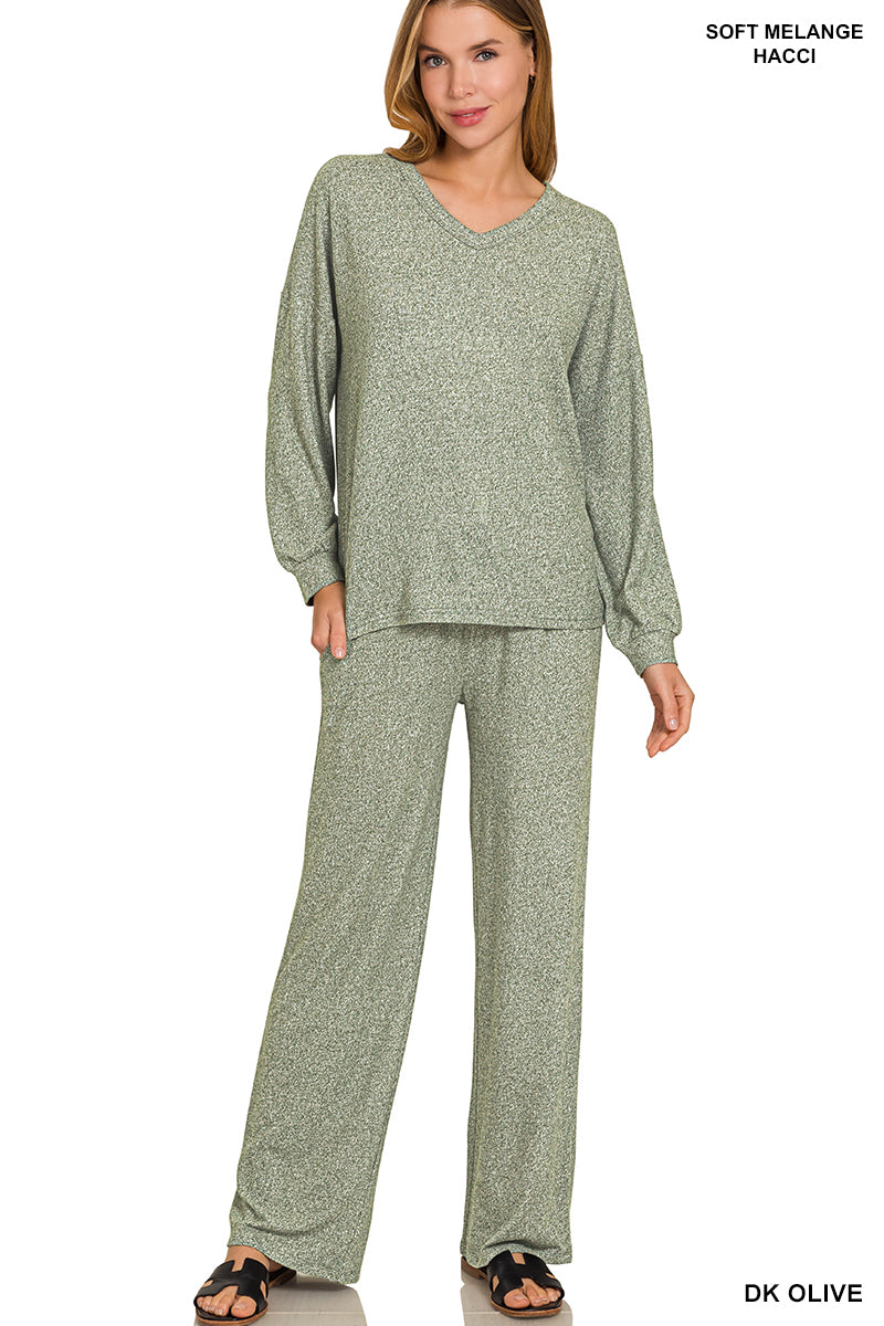 Zenana Soft Mélange Long Sleeve Tee & Pants set Dark Olive
