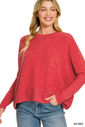 Zenana DOORBUSTER Brushed Mélange Hacci Dolman Sleeve Sweater Dark Red