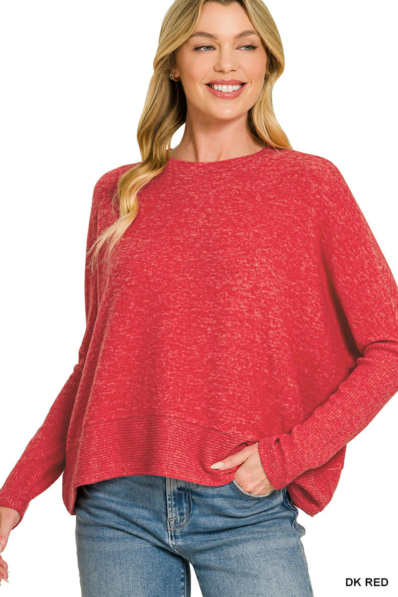 Zenana DOORBUSTER Brushed Mélange Hacci Dolman Sleeve Sweater Dark Red