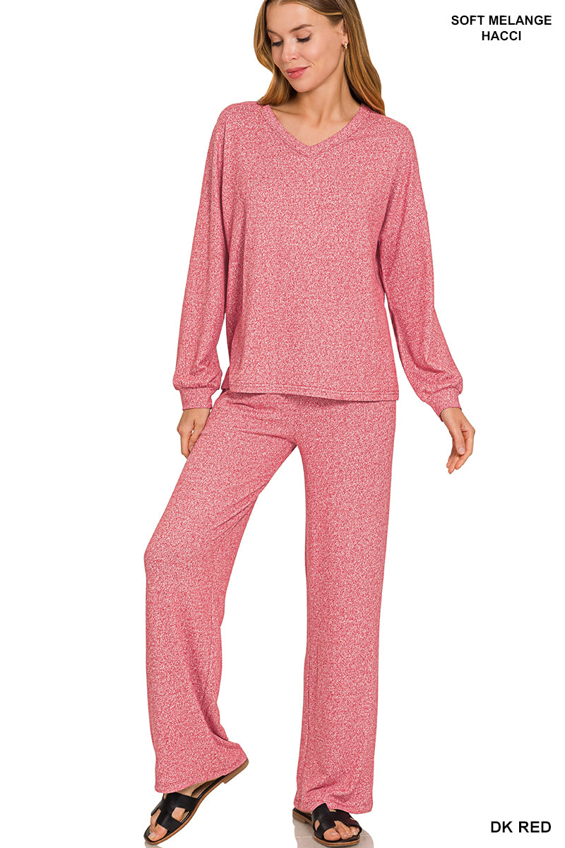 Zenana Soft Mélange Long Sleeve Tee & Pants set Dark Red