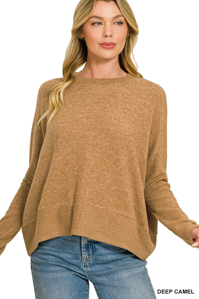 Zenana DOORBUSTER Brushed Mélange Hacci Dolman Sleeve Sweater Deep Camel