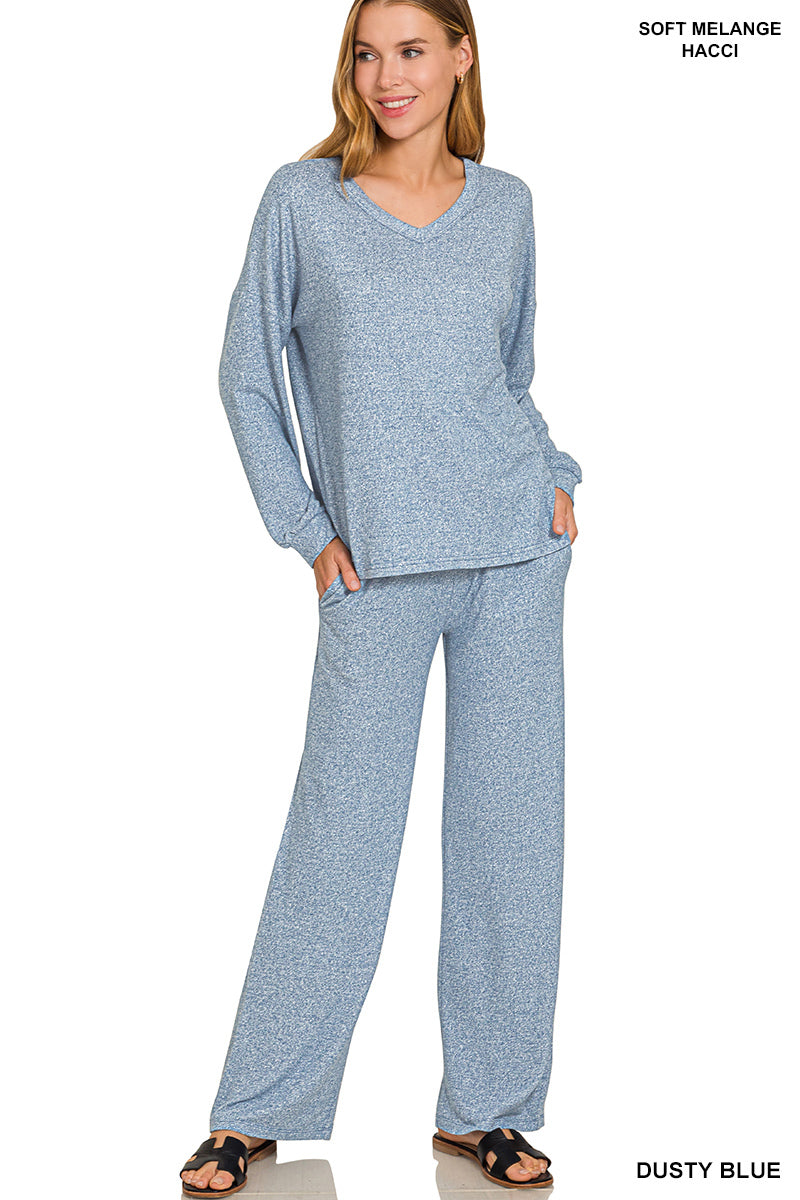 Zenana Soft Mélange Long Sleeve Tee & Pants set Dusty Blue