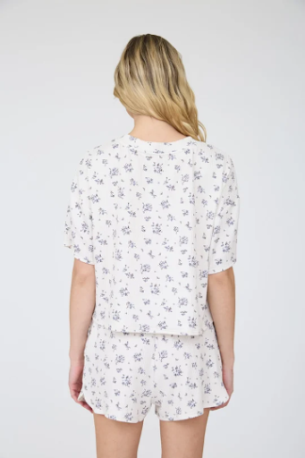 FLORAL SHORT SLEEVE BOXY HENLEY RIBBED KNIT TOP AND SHORTS BLACK AND CREAM