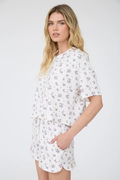 FLORAL SHORT SLEEVE BOXY HENLEY RIBBED KNIT TOP AND SHORTS BLACK AND CREAM