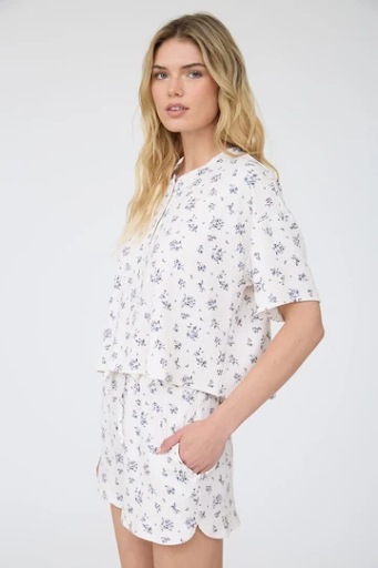 FLORAL SHORT SLEEVE BOXY HENLEY RIBBED KNIT TOP AND SHORTS BLACK AND CREAM