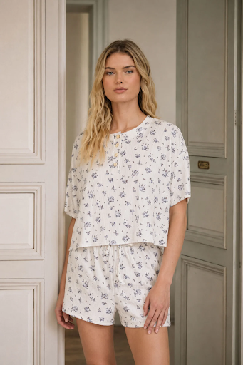 FLORAL SHORT SLEEVE BOXY HENLEY RIBBED KNIT TOP AND SHORT SET
