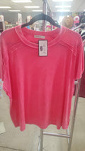 Zenana WASHED RIBBED SHORT SLEEVE BOAT-NECK TOP FUCHSIA