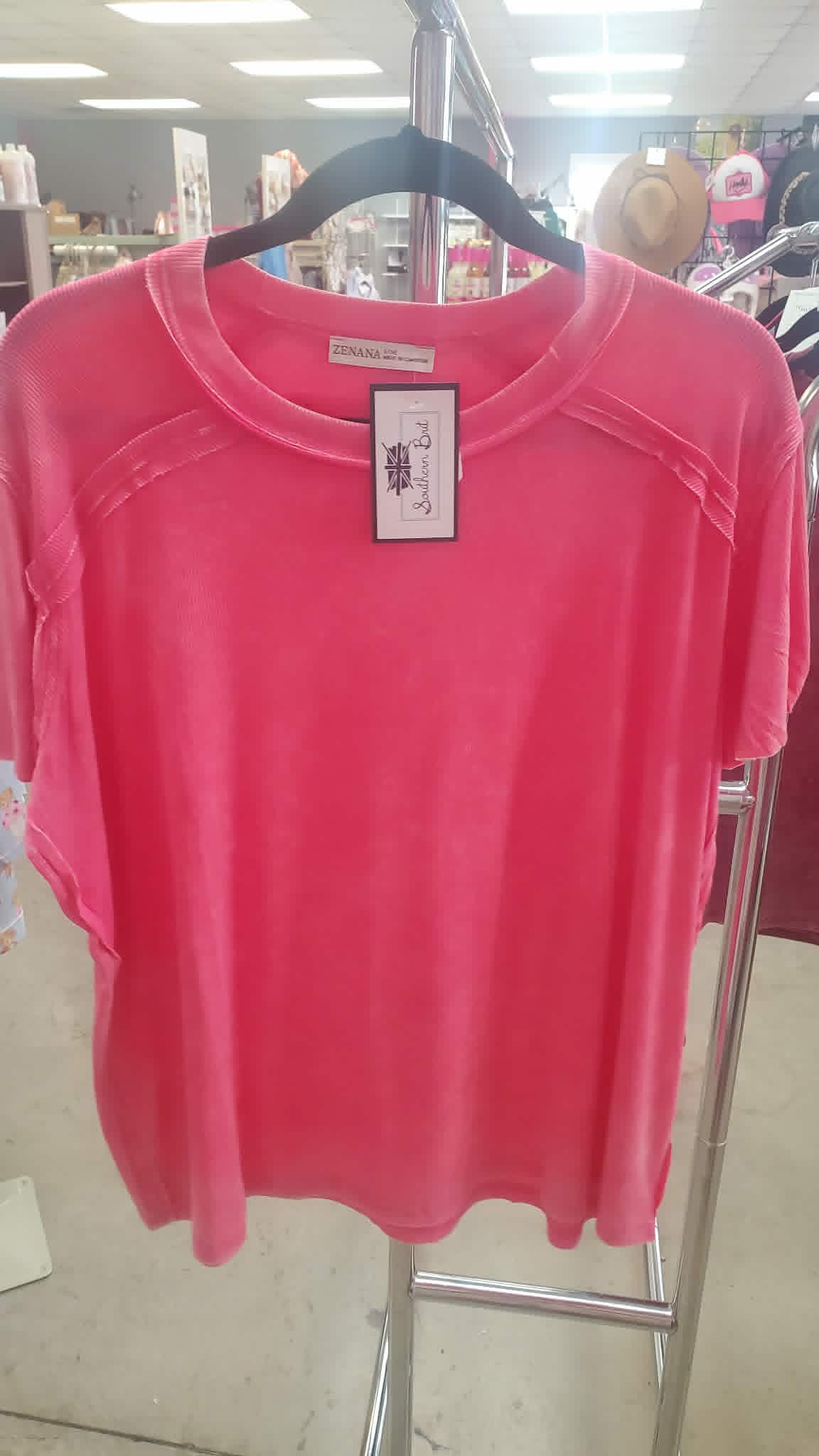 Zenana WASHED RIBBED SHORT SLEEVE BOAT-NECK TOP FUCHSIA