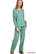 Zenana Soft Mélange Long Sleeve Tee & Pants set Hunter Green