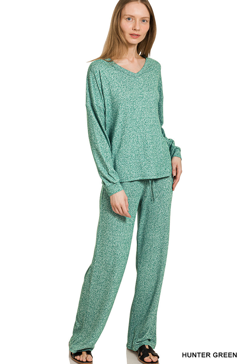 Zenana Soft Mélange Long Sleeve Tee & Pants set Hunter Green