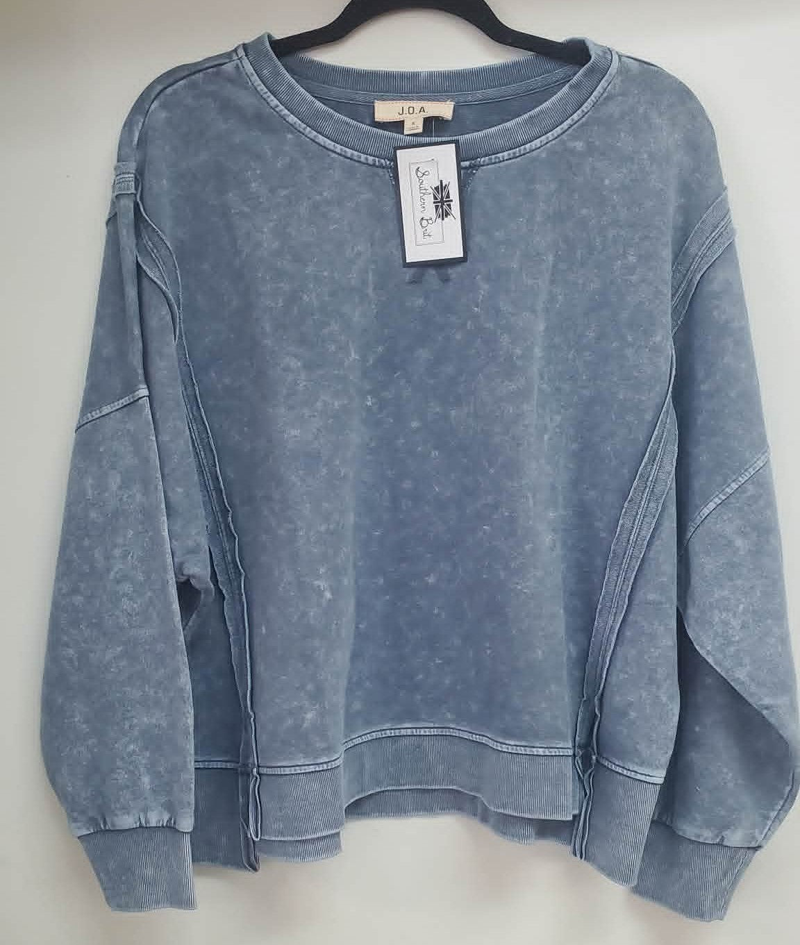 WASHED INVERTED SEAM DETAIL LONG SLEEVE KNIT TOP INDIGO BLUE