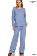 Zenana Soft Mélange Long Sleeve Tee & Pants set Light Navy