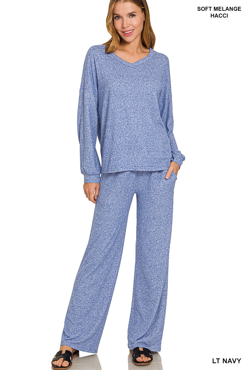 Zenana Soft Mélange Long Sleeve Tee & Pants set Light Navy