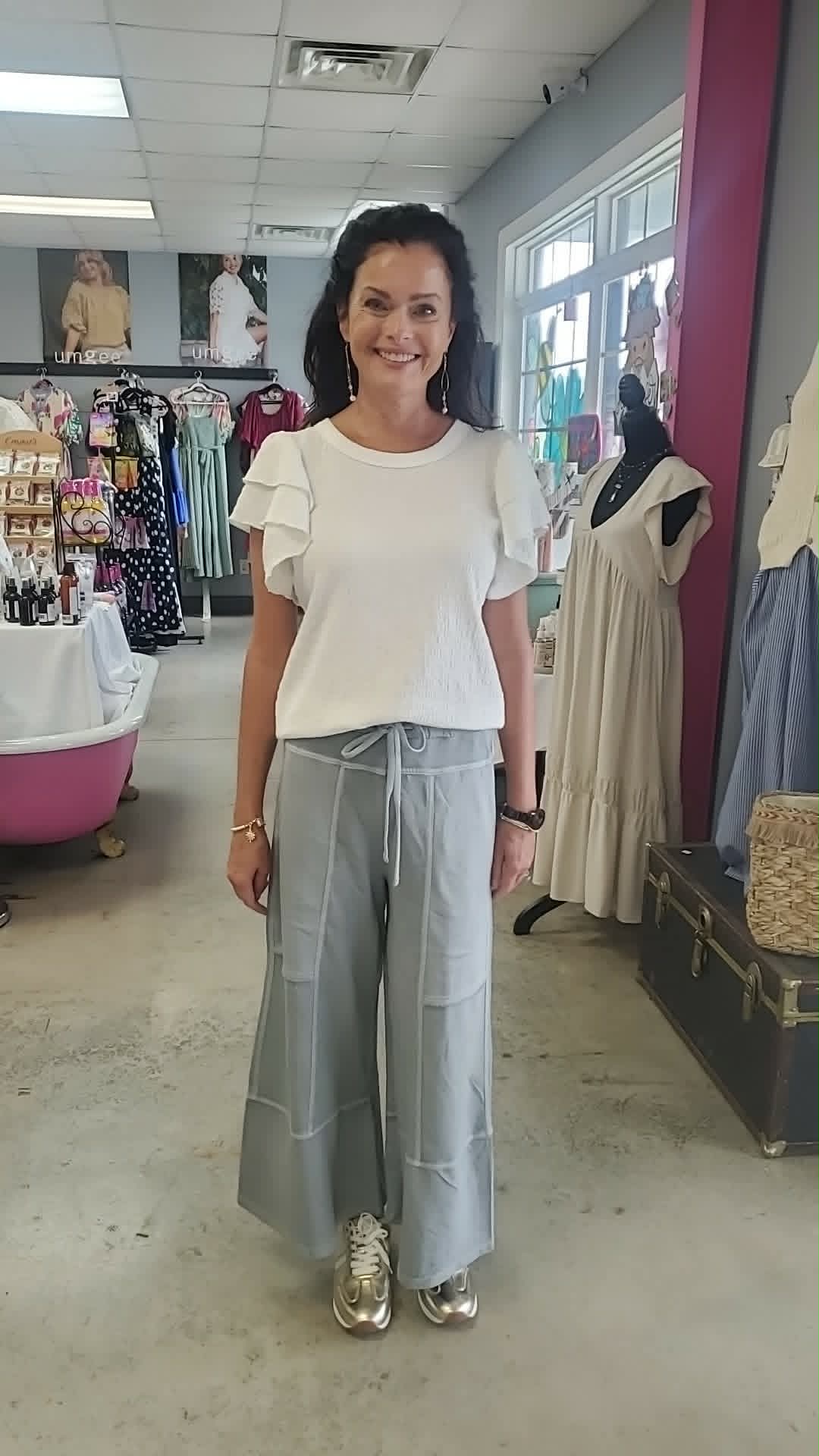 French terry washed exposed-seam wide leg pants Light Gray