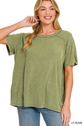 Washed ribbed short sleeve boat-neck top Light Olive