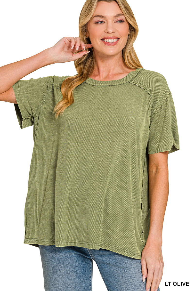 Washed ribbed short sleeve boat-neck top Light Olive