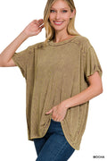 Washed ribbed short sleeve boat-neck top Mocha