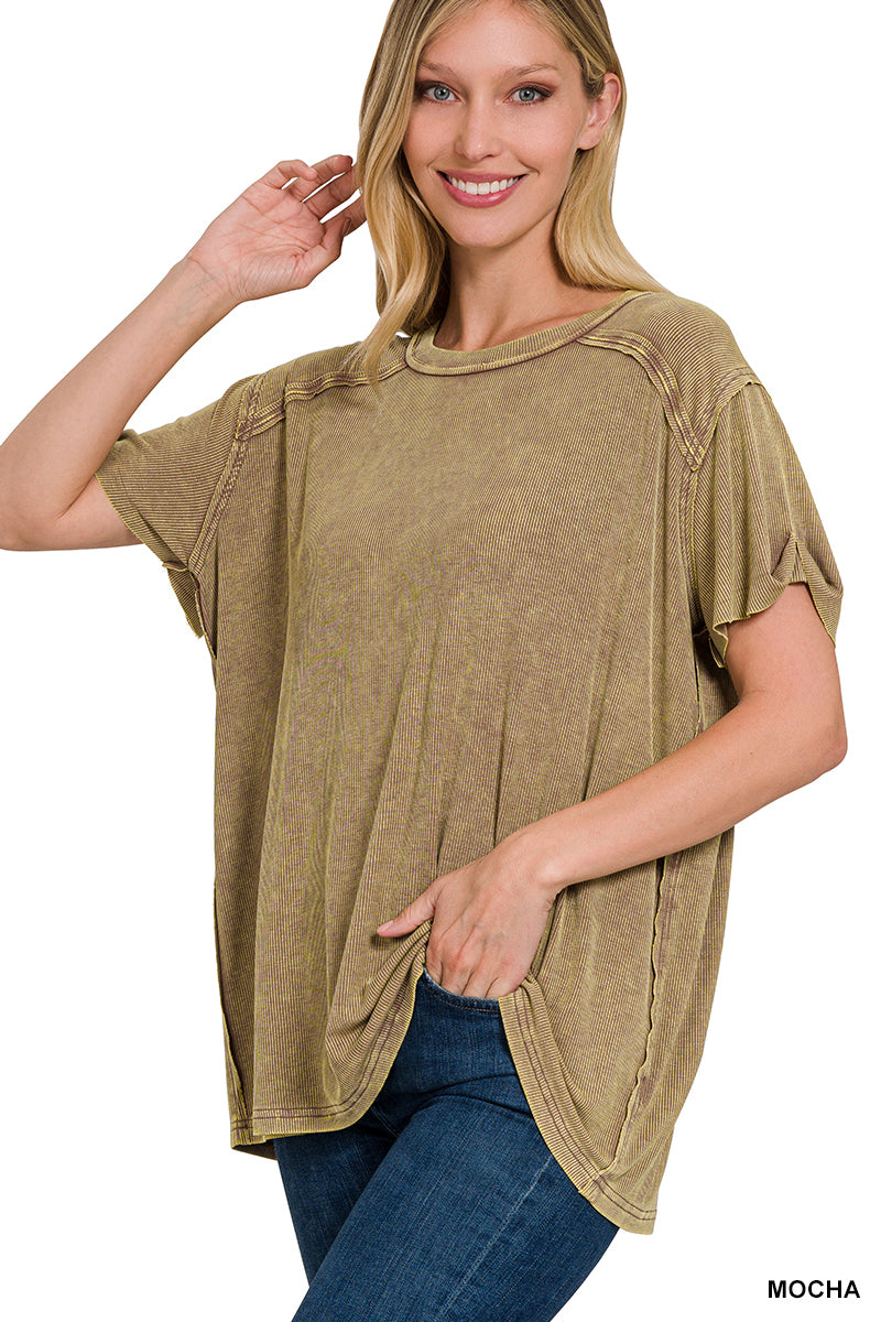Washed ribbed short sleeve boat-neck top Mocha