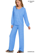 Zenana Soft Mélange Long Sleeve Tee & Pants set Ocean Blue