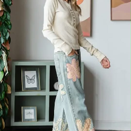 Washed Flower Patchwork Denim Jeans