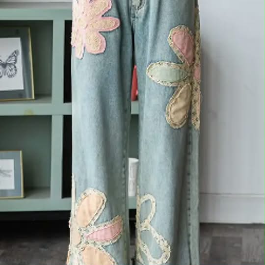 Washed Flower Patchwork Denim Jeans