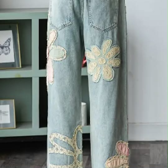 Washed Flower Patchwork Denim Jeans