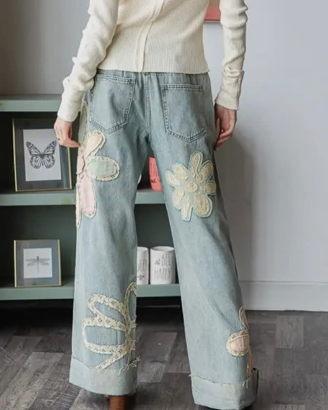 Washed Flower Patchwork Denim Jeans