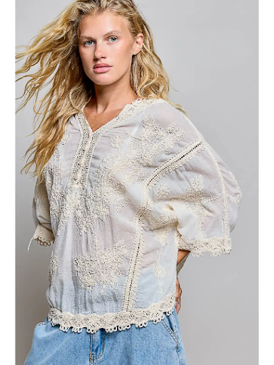 BOHO V-Neck Short Sleeve Floral Embroidered Crochet Blouse Top One Size 0 to 12