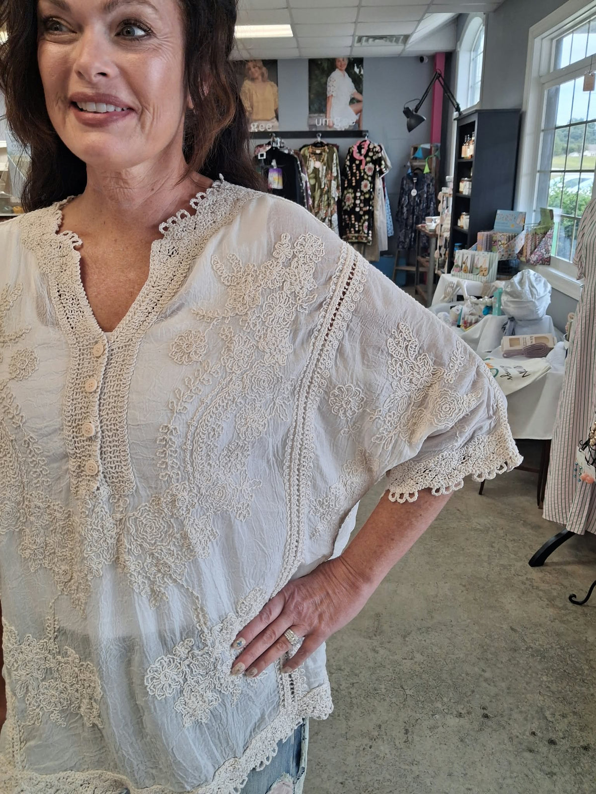 BOHO V-Neck Short Sleeve Floral Embroidered Crochet Blouse Top One Size 0 to 12