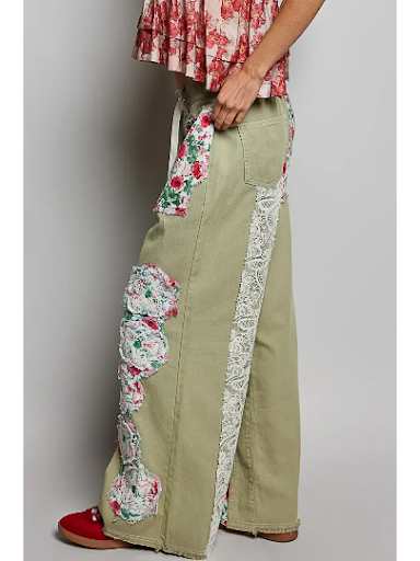POL Drawstring Floral Patch Denim Pants
